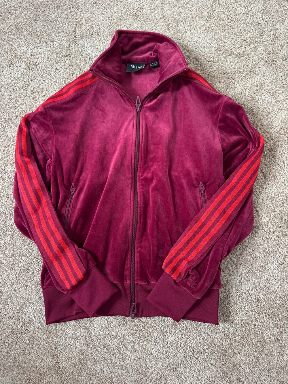 IVY PARK Burgundy Velvet Bomber Jacket with Red Sleeve Stripes
